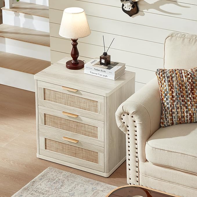 LEYAOYAO Boho Night Stands Set 2 with Storage, 23" Rattan Nightstand with 3 Drawers, Grey White Bed Side Table, Bedside End Tables for Bedroom, Living Room, Hallway