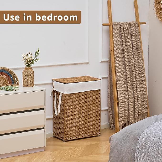 Slim Wicker Laundry Hamper with Lid, 75L Handwoven Rattan Basket with Handles, Narrow Laundry Basket with Removable Liner Bag & 2 Mesh Bags