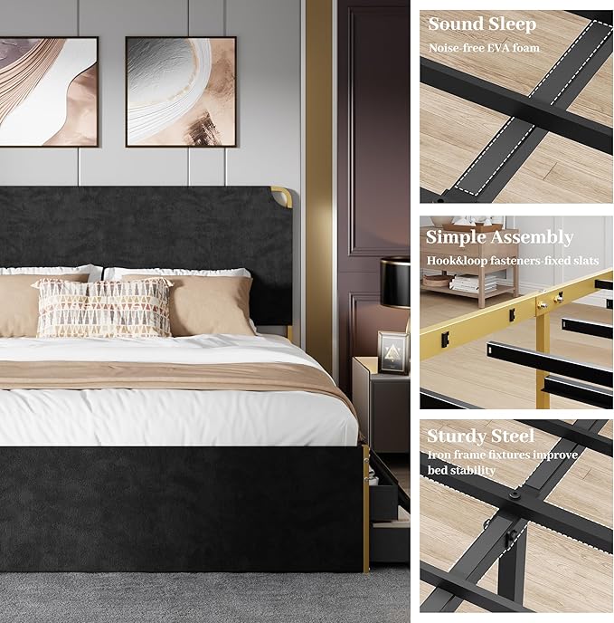 King Size Bed Frame with 12 Storage Drawers and Headboard, Metal Platform Bedframe, No Box Spring Needed, Stable and Solid, Noise Free. (Black+Velvet, King)