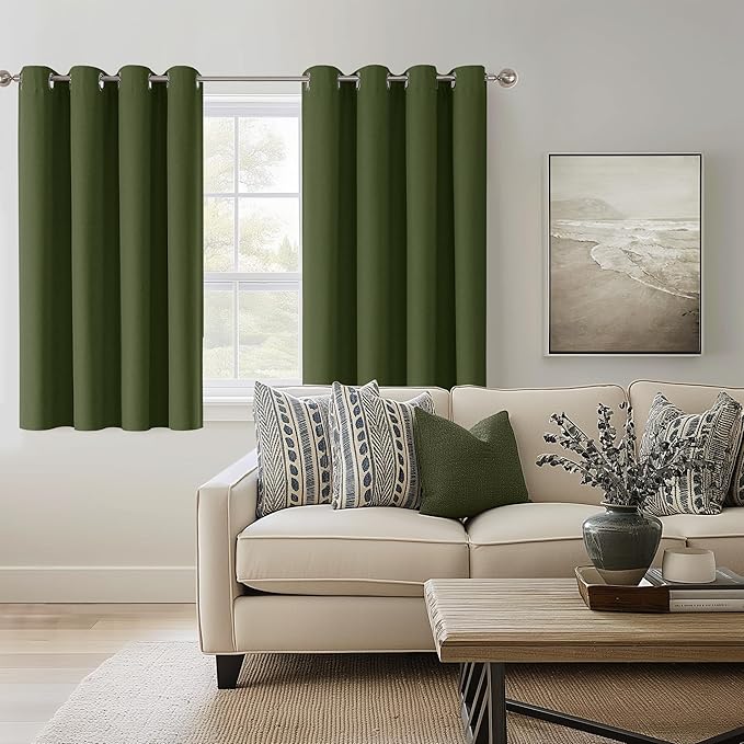 ChrisDowa 100% Blackout Olive Green Solid Curtains 54 Inches Long 2 Panels for Bedroom Living Room,Farmhouse Room Darkening Thermal Insulated Soundproof Grommet Top Window Treatment Drapes,52x54