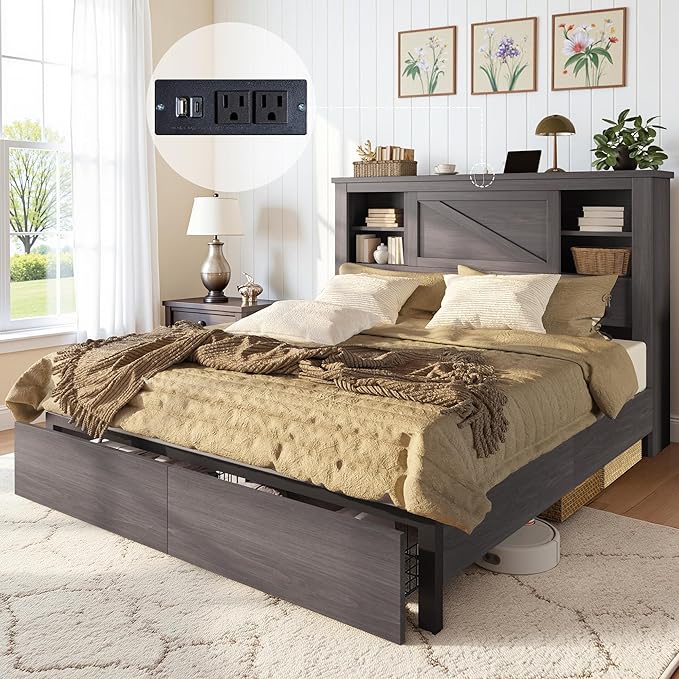AMERLIFE 47.2" H Full Bed Frame with Hidden Space Bookcase Headboard and Charging Station, Beds with 2 Storage Drawers and Wood Slats, No Box Spring Needed, Grey