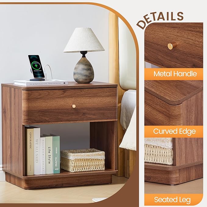 Narrow Nightstand Set of 2, Wooden Small 2 Drawer Nightstand, Slim Side End Table, Skinny Bedside Table, Mid Century Modern Night Stand with Drawers, for Living Room (Walnut-Charging Station-1 pc)