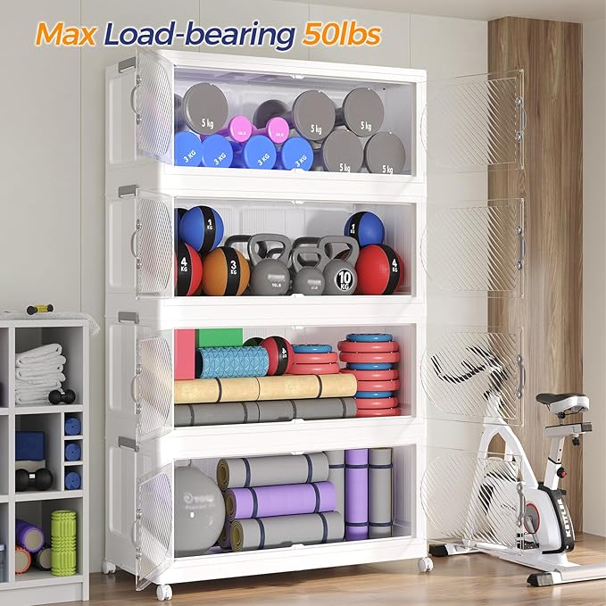 600QT Plastic Stackable Storage Bins with Lid, 150GAL Extra Large Collapsible Box with Wheels Clear Door, Foldable Closet Organizer Container Cabinet Drawer for Home Kitchen，5Pack, White