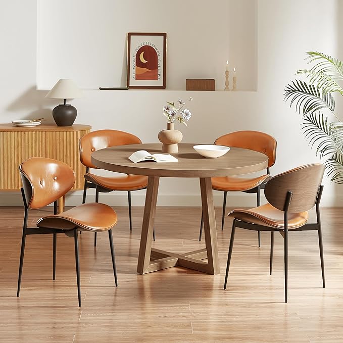 Art Leon Faux Leather Dining Chairs Set of 4, Gray Oak Bentwood, Mid Century Modern Desk Chairs with Metal Legs, Armless Accent Chairs for Living Room Bedroom, Brown