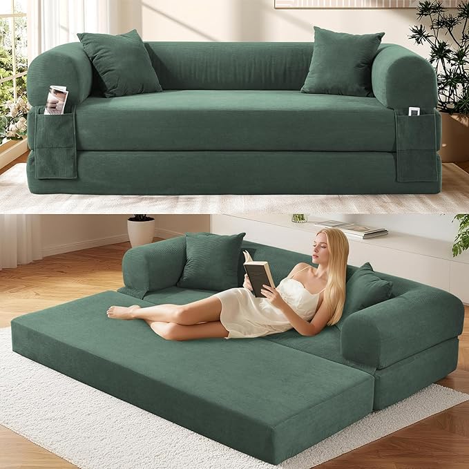 Convertible Futon Sofa Bed,80" Folding Pull Out Couch Bed with Storage,Queen Sleeper Sofa Bed,Compressed Couch in a Box,Corduroy Boneless Couches for Living Room,Light Green