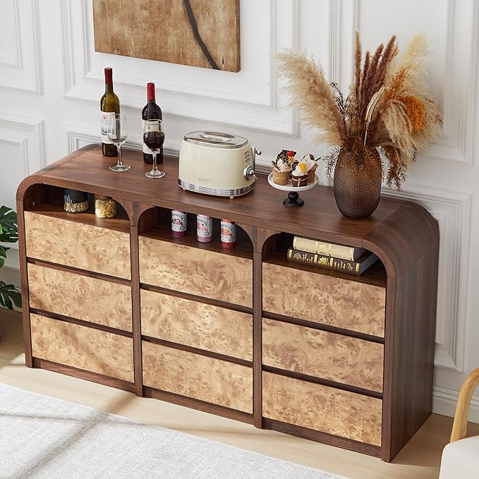 9 Drawer Dresser for Bedroom, Modern Chest of Drawers with Open Shelf, Burl Wood Long Storage Dressers for Closet, Living Room, Hallway (Walnut)