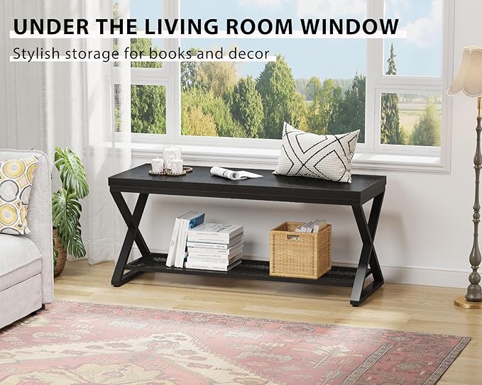 LVB Black Entryway Bench with Storage, Indoor Shoe Bench with Seating for Hallway, Accent Storage Bench for Living Room Bedroom, Simple Small Shoe Rack Benchs for Foyer Entrance, Black Oak, 39 inch