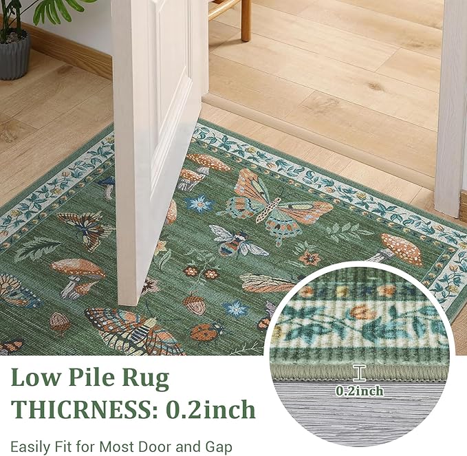 Mushroom 10x13 Area Rug for Living Room Washable Non Slip Forest Soft Low-Pile Stain Resistant Thin Large Throw Carpet for Bedroom Dining Room Office Green