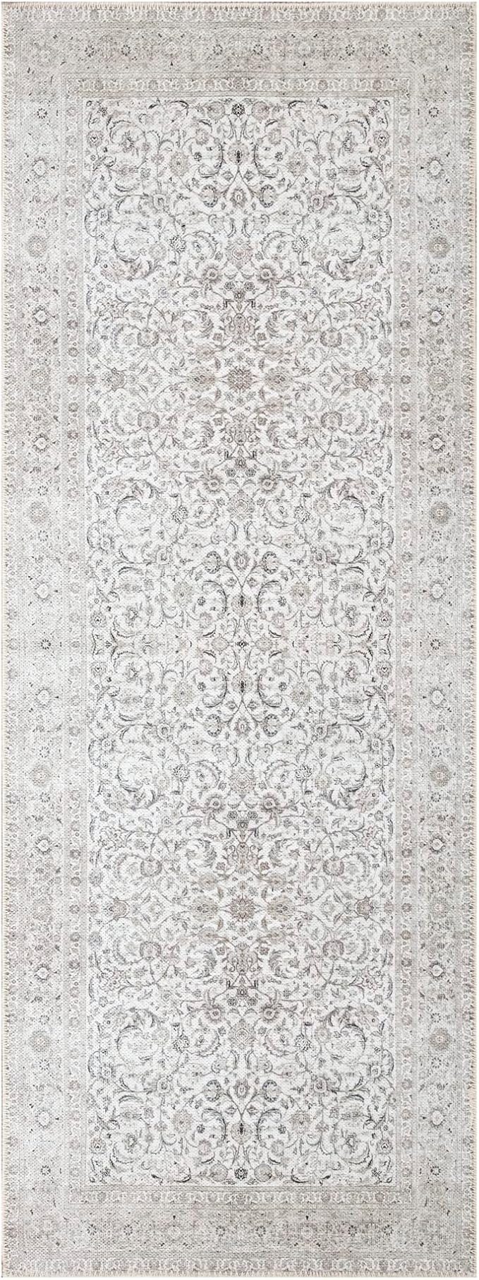 Bloom Rugs Washable Non-Slip 7 ft Runner - Beige/Off White Traditional Bordered Runner for Entryway, Hallway, Bathroom, and Kitchen - Exact Size: 2.5' x 7'