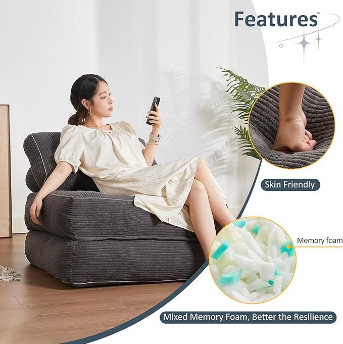 Folding Chair Bed, Futon Sofa Bed, Floor Couch for Adults Chair Bed for Living Room, Lounge Sofa, Convertible Sofa Bed, Small Couches for Small Spaces,Grey