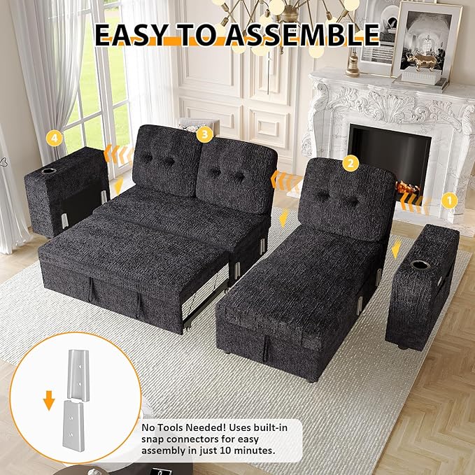90 Inch Sleeper Sofa Bed, 4 in 1 Pull Out Couch Bed with Adjustable Backrest | Reversible Storage Chaise | Wide Armrest | Tool Free Assembly, Sectional Couches for Living Room, Navy Blue