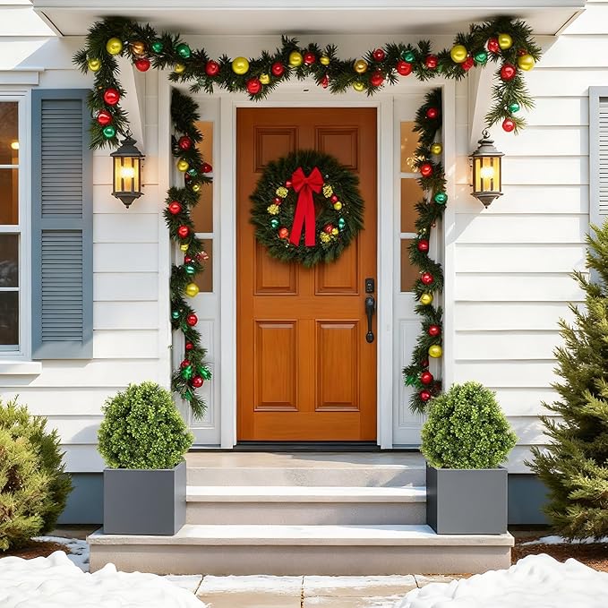 27“ Realistic Artificial Boxwood Topiary Trees Set of 2, Faux Plants Outdoor UV-Resistant, Fake Evergreen Bushes & Shrubs for Front Porch Outside Planter Decor