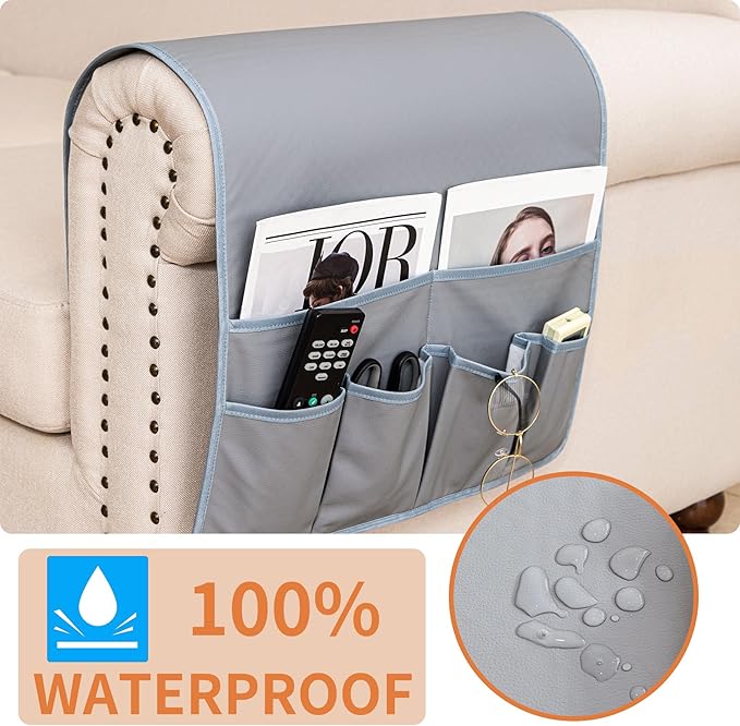 HAOMAIJIA Anti Slip Sofa Armrest Organizer Arm Chair Bedside Caddy Storage Organizer For Recliner Couch With 6 Pockets For Cell Phone Tv Remote Control (Light Gray, 31.89 inches × 18.5 inches)