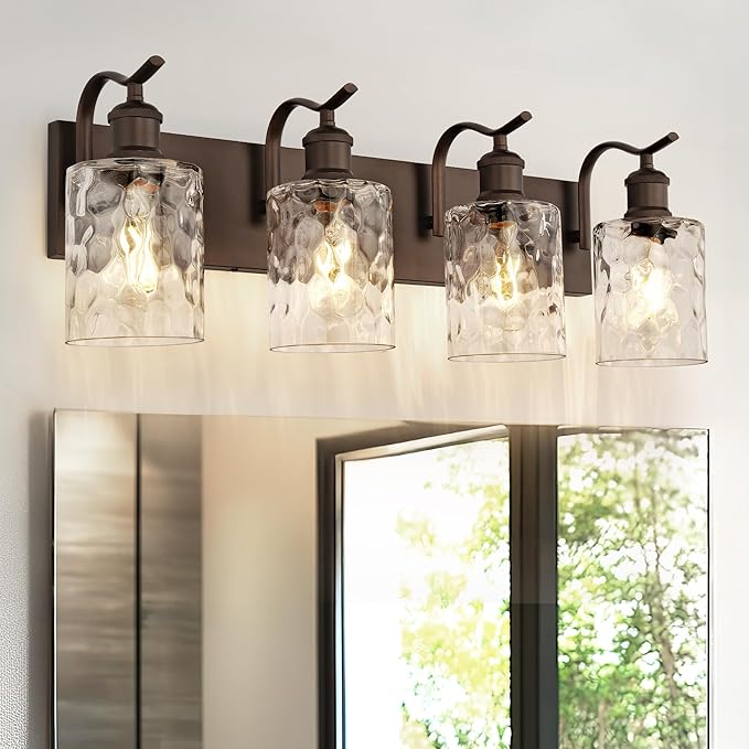 Bathroom Vanity Light Fixtures 4-Light Hammered Glass Modern Wall Mounted Over Mirror Oil Rubbed Bronze - VL01ORBH-4