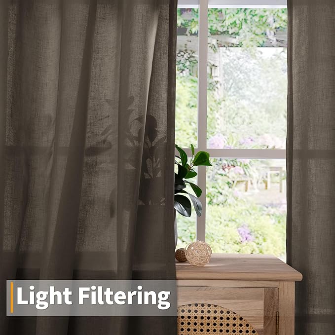 YoungsTex Brown Linen Curtains 63 Inches Long for Living Room Window, Light Filtering Drapes Semi Sheer with Grommet Privacy Decorative for Bedroom, 2 Panels, 52 X 63 Inch