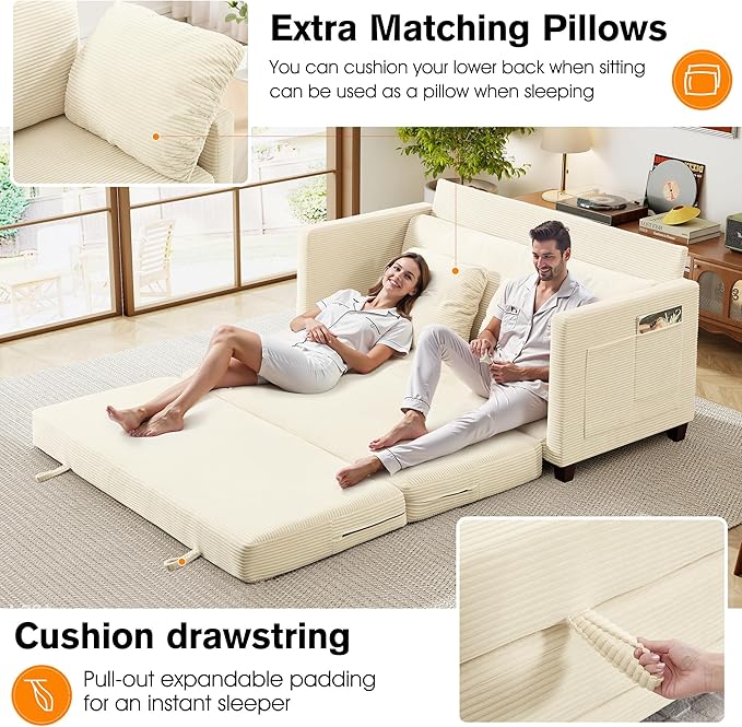 65" Loveseat Sleeper Sofa Bed, Corduroy Convertible Sofa Bed for Small Spaces, Folding Couch Bed with Deep Seat, 2 Pillows & Solid Frame, Pull Out Floor Couches for Living Room, Beige