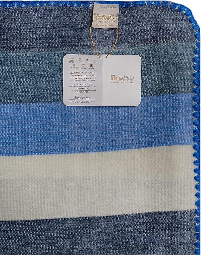 QISU Alpaca Wool Blanket Throw | Large, Beautiful, Warm, Stripe | 85 x 65 inches | Ultra-Soft, Hypoallergenic and Breathable | Non-Itchy or Scratchy Fabric (Blue White Stripe), Queen