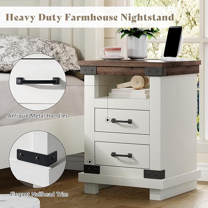 AMERLIFE Farmhouse End Table Set of 2, 18" Wood Night Stand with Charging Station & 4 Storage Drawers, Heavy Duty Bedside Nightstands for Bedroom, Living Room, Antique White
