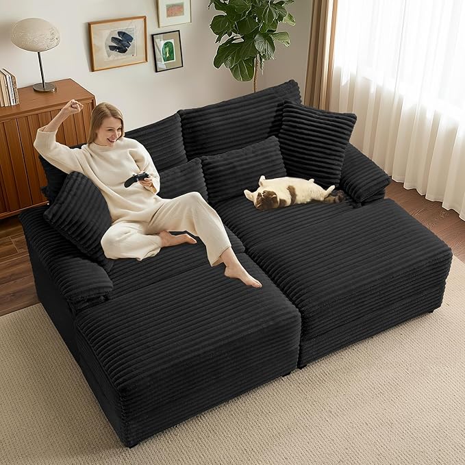 74" Double Chaise Lounge Chair Indoor, Oversized Loveseat with Removeable Ottoman, Corduroy Couch with USB Charging, Storage Ottoman, and Coffee Table Cushions for Living Room (2 Chaise Black)