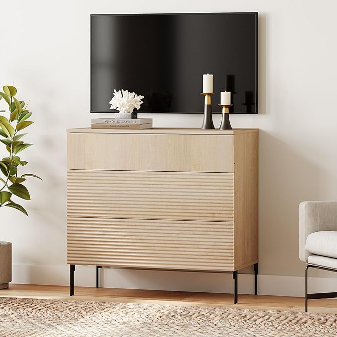 WAMPAT 31.5" W Fluted Dresser for Bedroom, Modern 3 Drawer Dresser TV Stand with Hidden Handles, Wooden Wide Chest of Drawers Closet Clothes Storage Organizer for Bedroom, Living Room, Beige