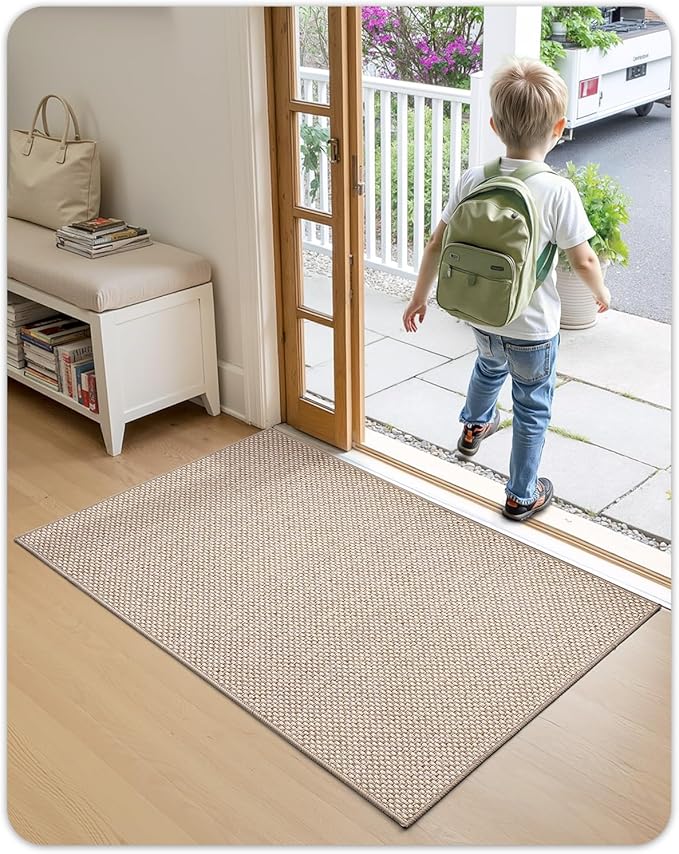 Color&Geometry Ultra-Thin Indoor Door Mat, 48"x72" Low-Profile Non-Slip Entryway Rug with Modern Geometric Texture, Washable Doormat for Indoor Entrance, Front Door, Khaki (Rolled-up NO Creases)