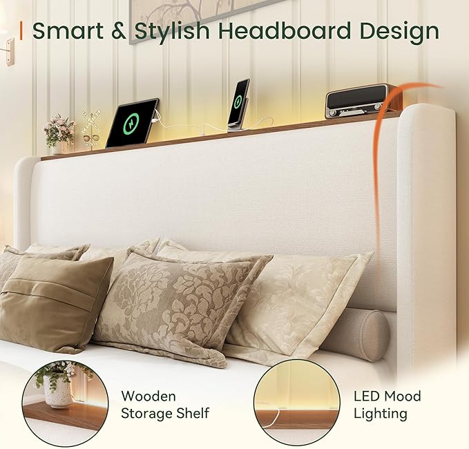 LARMACE Queen Size Bed Frame with LED Lights and Charging Station Linen Upholstered Platform Bed Frame with 51.2" Tall Headboard Wingback and Storage Shelf, No Box Spring Needed, Noise Free, Beige