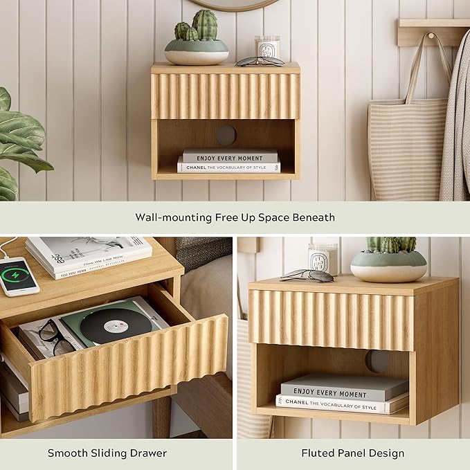 Floating Nightstand with Drawer, Modern Small Night Stand with Fluted Door and Open Storage Shelf Wall Mounted Bedside Table for Bedroom, Entryway Natural Oak