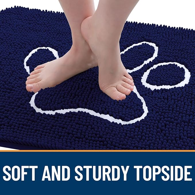 OLANLY Dog Door Mat for Muddy Paws 48x30, Paw Print Design, Absorbs Moisture and Dirt, Absorbent Non-Slip Washable Doormat, Quick Dry Chenille Mud Mat for Dogs, Entry Indoor Entryway Carpet, Navy Blue