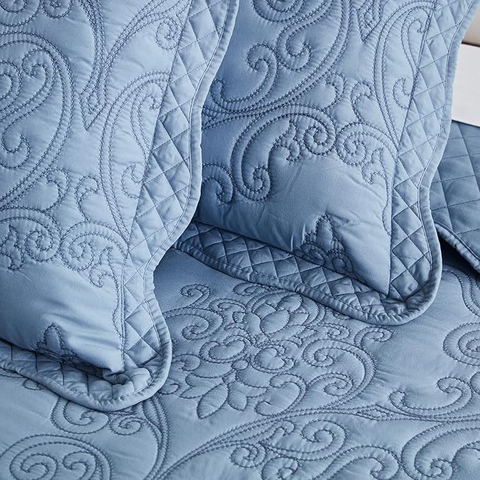 CHIXIN Oversized King Bedspread 128x120 Extra Wide - Lightweight Bedding Cover - Beautiful Stitching - 5 Piece Reversible Bedspread - Luxury Damask Paisley Pattern (King/Cal King, Ashley Blue)