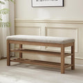 VKNOW Entryway Bench, 44.3” Upholstered Shoe Bench for Bedroom, 2-Tier Storage End of Bed Bench with Rubberwood Legs for Living Room, Hallway, Brown