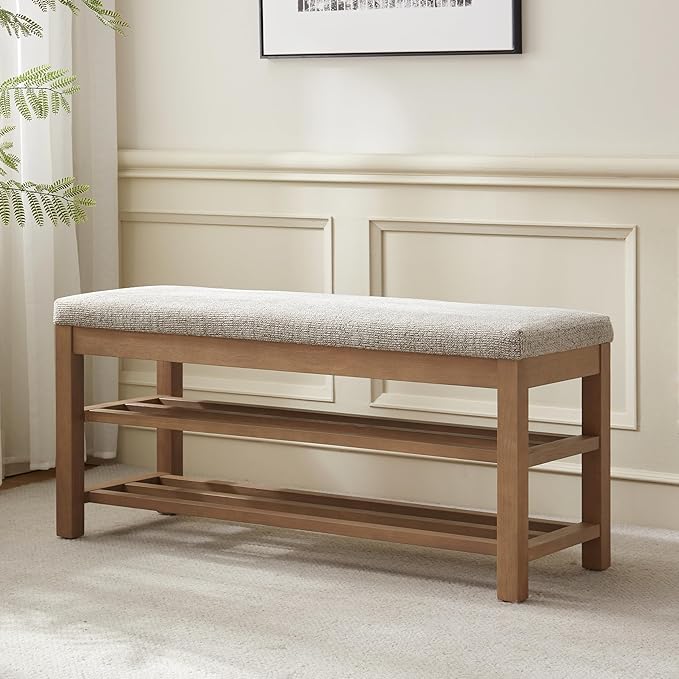 VKNOW Entryway Bench, 44.3” Upholstered Shoe Bench for Bedroom, 2-Tier Storage End of Bed Bench with Rubberwood Legs for Living Room, Hallway, Brown