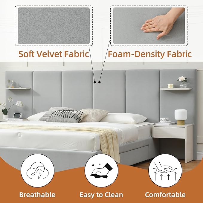 King Bed Frame with Storage & Built-in Nightstands, Velvet Upholstered Platform Bed Frame with Drawers & 2 Floating Storage Shelves, Noise-Free, No Box Spring Needed, Easy Assembly, Gray