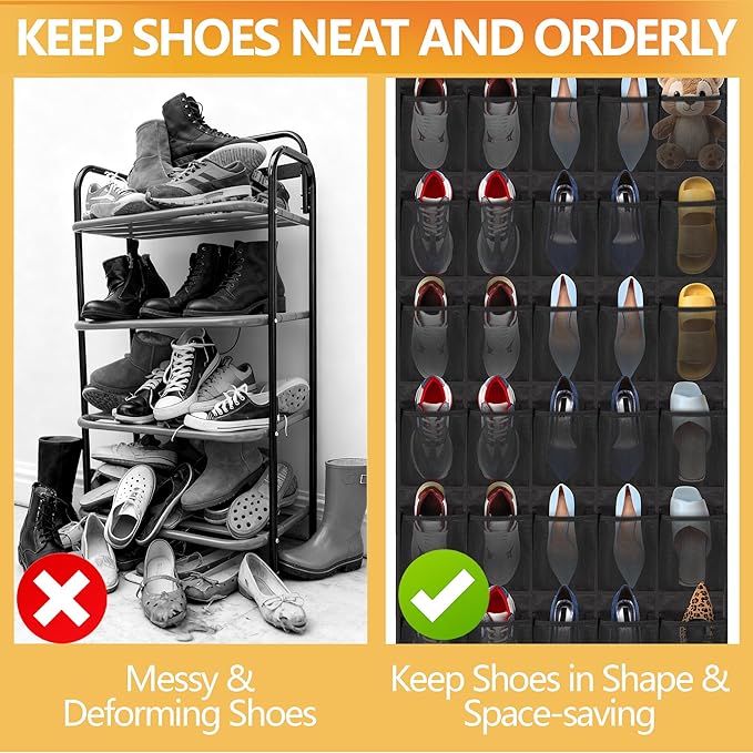 Over The Door Shoe Organizer, 40 Large Mesh Pockets Hanging Shoe Rack Organizer for Closet Behind The Door Storage Holder for Entryway Bedroom Dorm Black