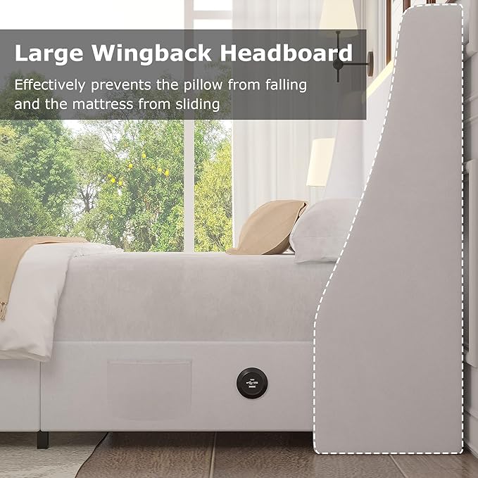 VECELO Queen Size Bed Frame with Storage Drawers, Upholstered Platform Bedframe with Wingback Headboard, No Box Spring Needed, White