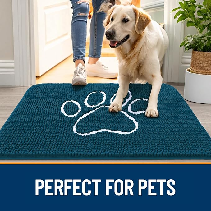 OLANLY Dog Door Mat for Muddy Paws 36x24, Paw Print Design, Absorbs Moisture and Dirt, Absorbent Non-Slip Washable Doormat, Quick Dry Chenille Mud Mat, Entry Indoor Entryway Carpet, Atlantic Blue