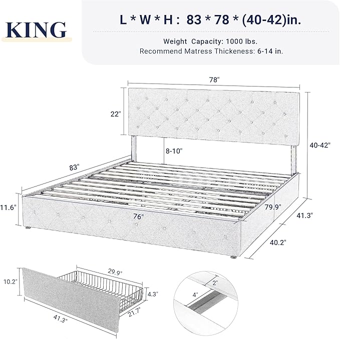 Allewie King Size Black Metal Faux Leather Platform Bed Frame with 4 Drawers