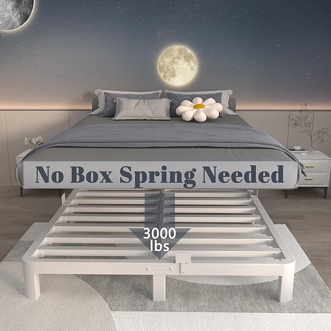 ITIMIDI 6 Inch King Size White Bed Frame with Metal Gaskets,Metal King Bed Frame Platform, No Box Spring Needed, Heavy Duty Steel Support 3000 LBS, Anti-Slip Mattress Stopper, Easy Assembly
