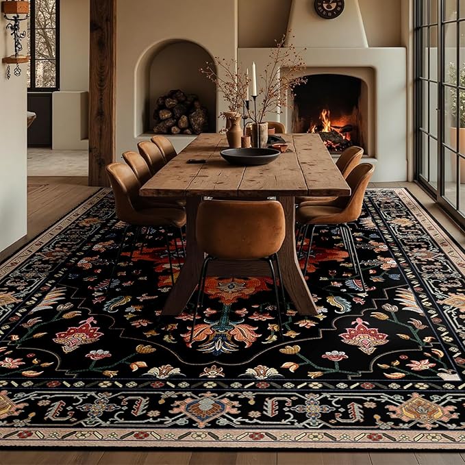 Area Rugs 8'x10' Washable Non-Slip, Floral Vintage Distress Print Pattern Medallion Carpet for Living Room Bedroom Dining Room, Black Colorful Floral Dark Tan