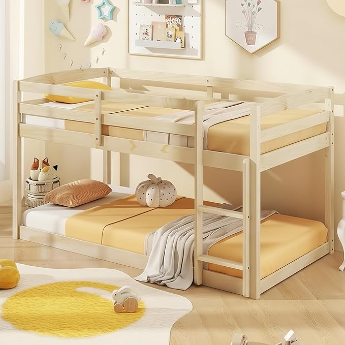 KOMFOTT Low Bunk Bed Twin Over Twin, Solid Wood Twin Bed Frame with Built-in Ladder & Safety Guardrails, Space-Saving Low Bunk Bed for Kids, Teens, No Box Spring Needed