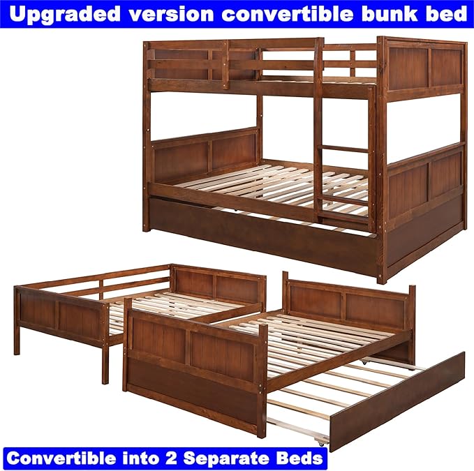 Upgraded Version Best Full Over Full Bunk Bed with Trundle, Thicken Solid Wood Full Size Bunk Bed, Bunkbed Frame Full Over Full, Convertible to 2 Beds, Easy Assembly for Adults (Walnut)