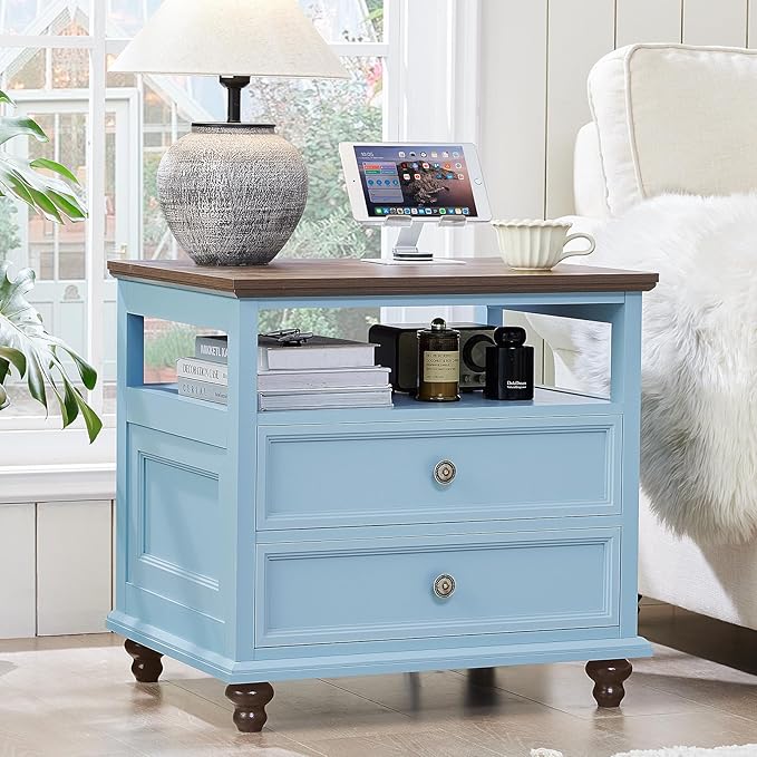 24" Wide Farmhouse Nightstand with Charging Station Set of 2, 45" Tall Rustic Chests of 5 Drawers w/ 4 Solid Wood Feet, Farmhouse Furniture Series for Living Room,Bedroom,LightBlue