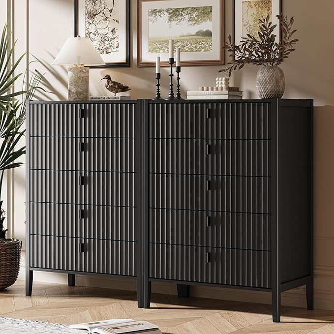 Black 5 Drawer Dresser, Modern Tall Dresser for Bedroom, Fluted Wood Chest of Drawers with Deep Drawers for Clothes, Storage Cabinet for Bedroom, Living Rooms, Offices, Entryways