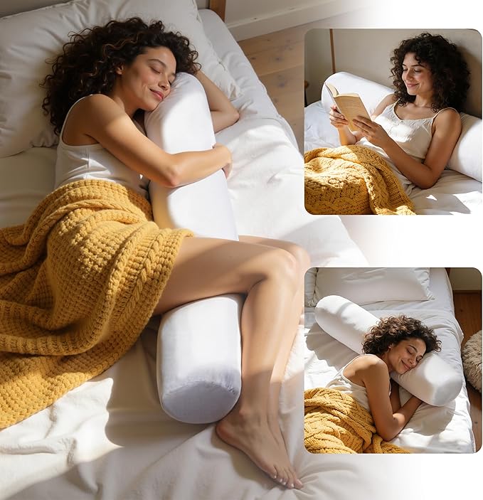 SyMax 7.8"x60" Body Pillow for Queen Bed, Memory Foam Bolster w/Removable Velvet Cover, Headboard Gap Filler Pillow, White