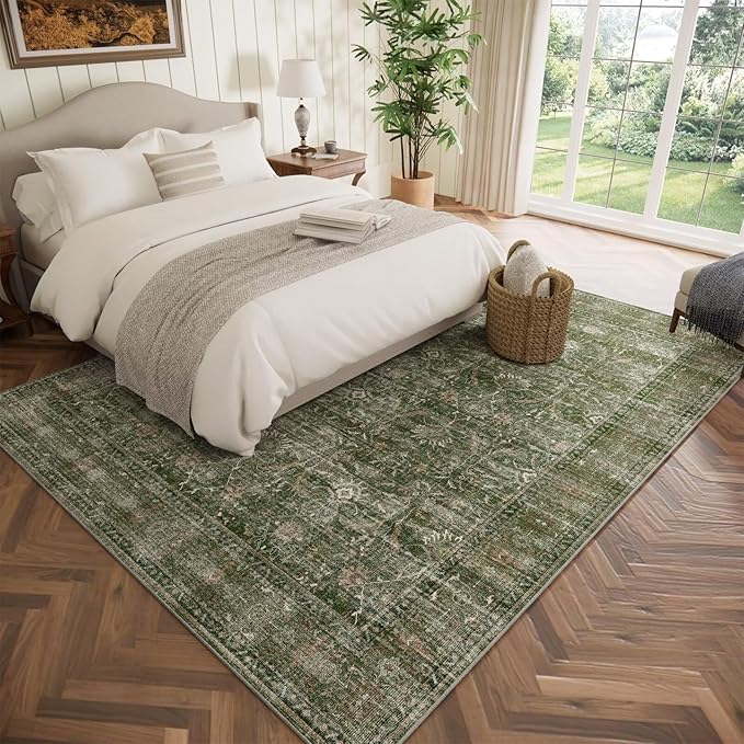 Washable 6x9 Area Rugs for Living Room, Boho Non-Slip Vintage Distress Large Rugs for Bedroom Dining Room Nursery Office, 0.3" Neutral Oriental Throw Thin Carpet, Grass Green/Multi