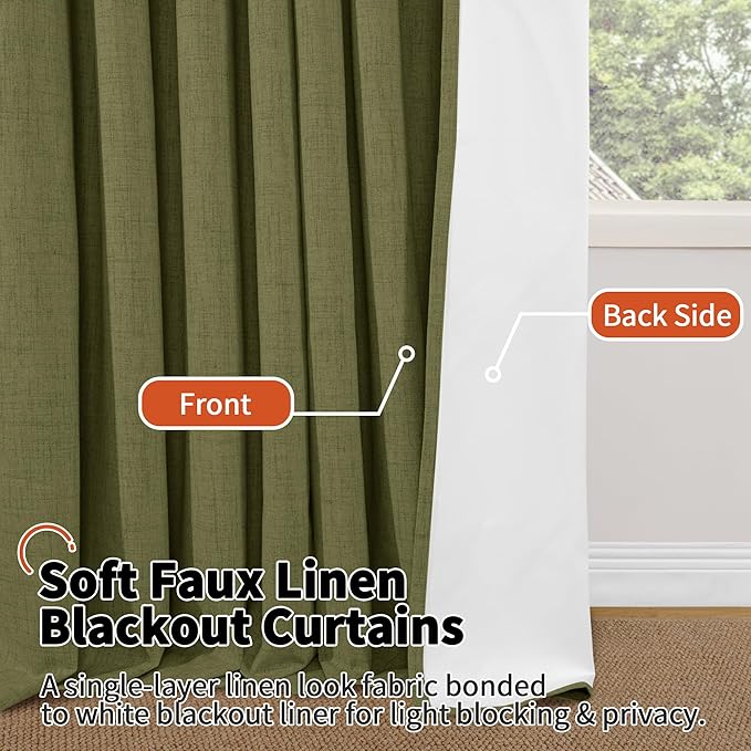 Olive Green 100% Linen Blackout Curtains for Living Room 63 Inch Long 2 Panels, Thermal Insulated Noise Reducing Window Total Black Out Curtains for Bedroom, Each 52x63 Inch 2 Panels