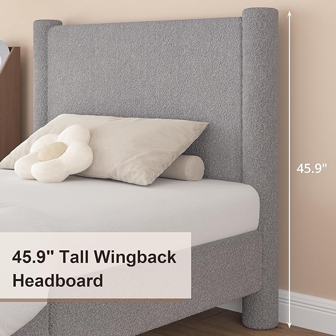 Queen Size Bed Frame, Boucle Upholstered Platform Bed with Headboard and Footboard, Soft Rounded Corners, No Box Spring Required, Easy Assembly, Light Grey