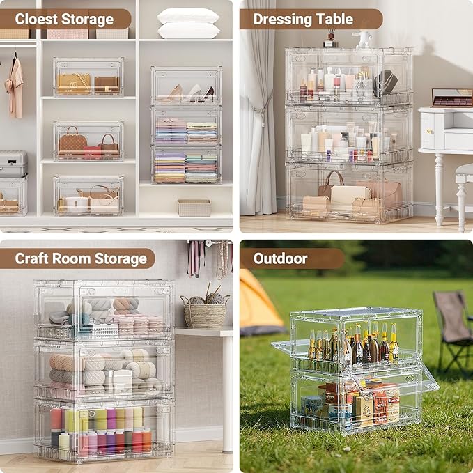 BROVIEW 80Qt Stackable Storage Bins with Lids Wheels, XL Clear Plastic Drawers Foldable Closet Organizers and Storage Cabinet Display Box Shelves with Front & Back Doors, for Home Office Garage,1Pack