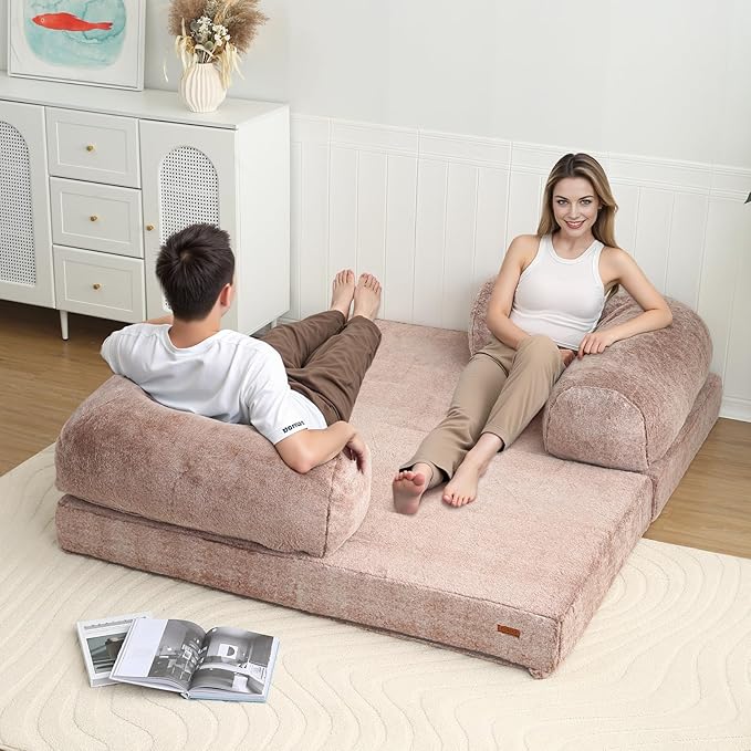 COMAX 4-in-1 Futon Sofa Bed, Queen Size Foldable Couch with L-Shaped Armrests, Convertible Sleeper Chair Bed, Comfortable Lounge Mattress for Living Room and Bedroom, Snow Brown