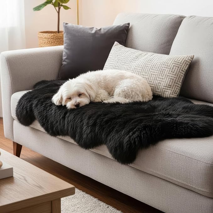 Authentic Black Sheepskin Rug 2x6 ft, Genuine Double Pelt Fluffy Fur Area Rug for Bedroom, Living Room & Home Decor, Soft Natural Sheep Skin Throw