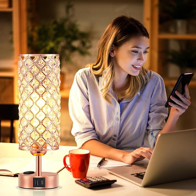Hong-in Rose Gold Lamp Set of 2, 3-Way Crystal Table Lamp Touch Control with USB-C+A & AC Ports, Dimmable Nightstand Desk Light, Pink Bedside Table Lamp for Bedroom(Bulb Included & Set of 2)